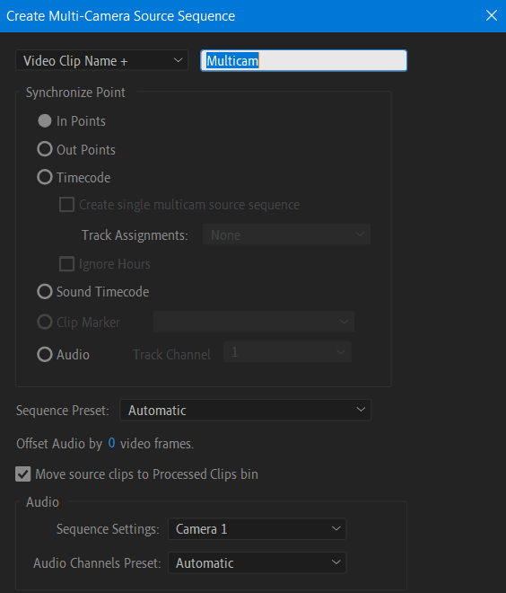 Premiere Pro: Multi camera Setting Dialog Box