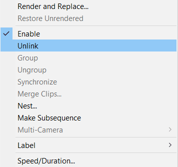 Premiere Pro: Unlink Option in Context Menu