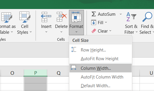 Row and Column Size Menu in MS Excel