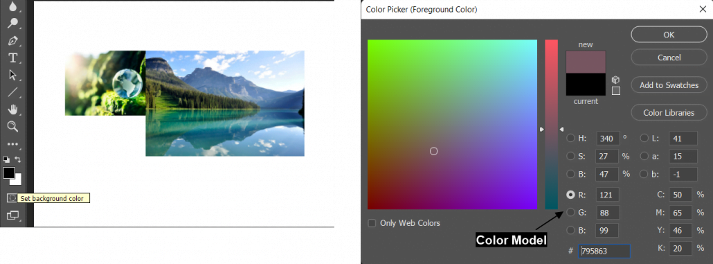 Foreground/Background swatch (left image) with Color Picker(right).
Color Panel in Adobe Photoshop
