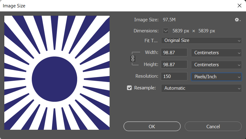 Image size panel in Adobe Photoshop, showing document dimensions