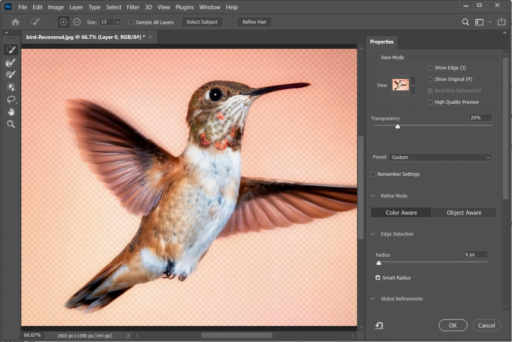 Select and Mask windows in Adobe Photoshop. Selecting Soft Edge Objects in Adobe Photoshop