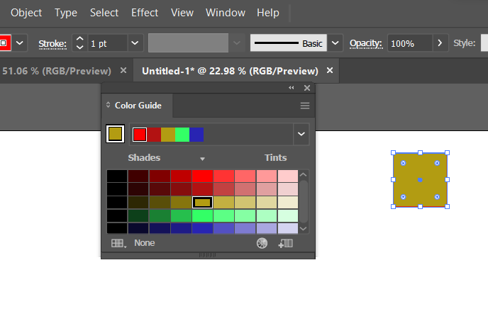 Color guide panel showing Tints and Shades 